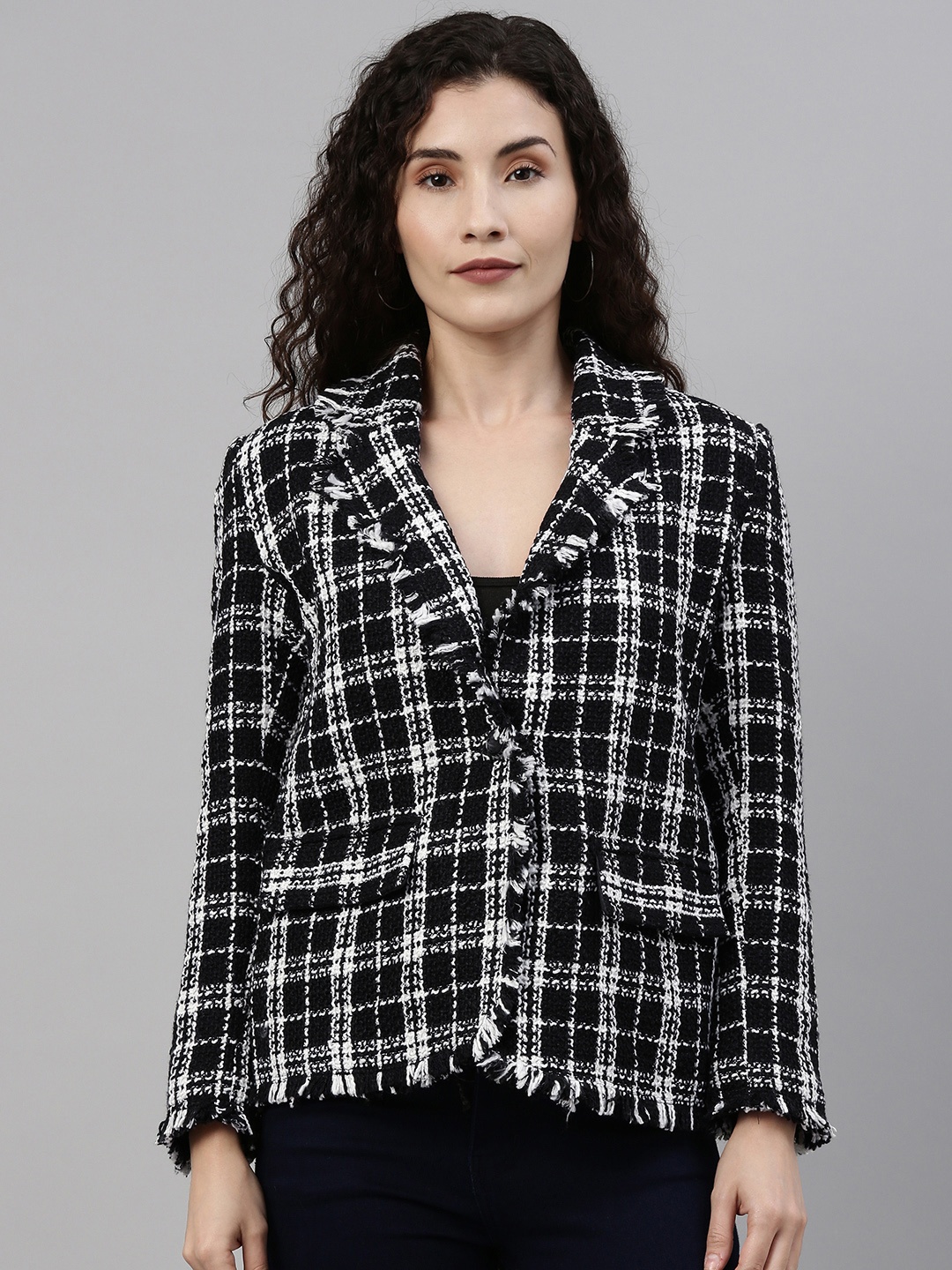 

Campus Sutra Women Black & White Comfort Fit Checked Single-Breasted Casual Blazer