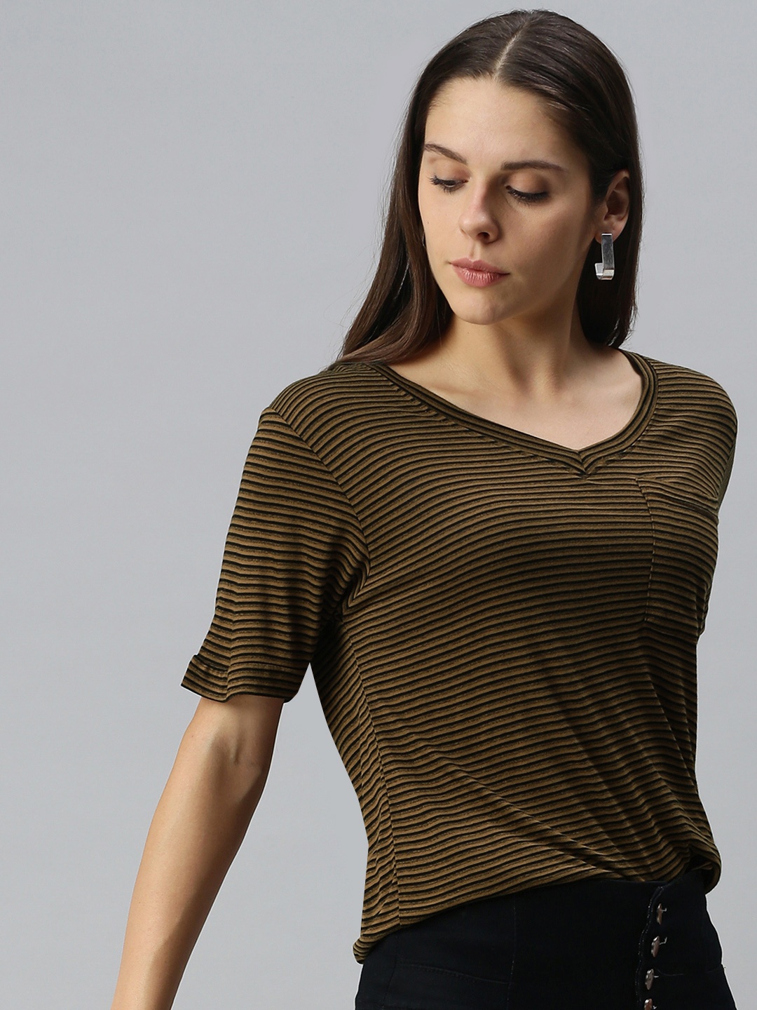 

Campus Sutra Brown & Black Striped Regular Top