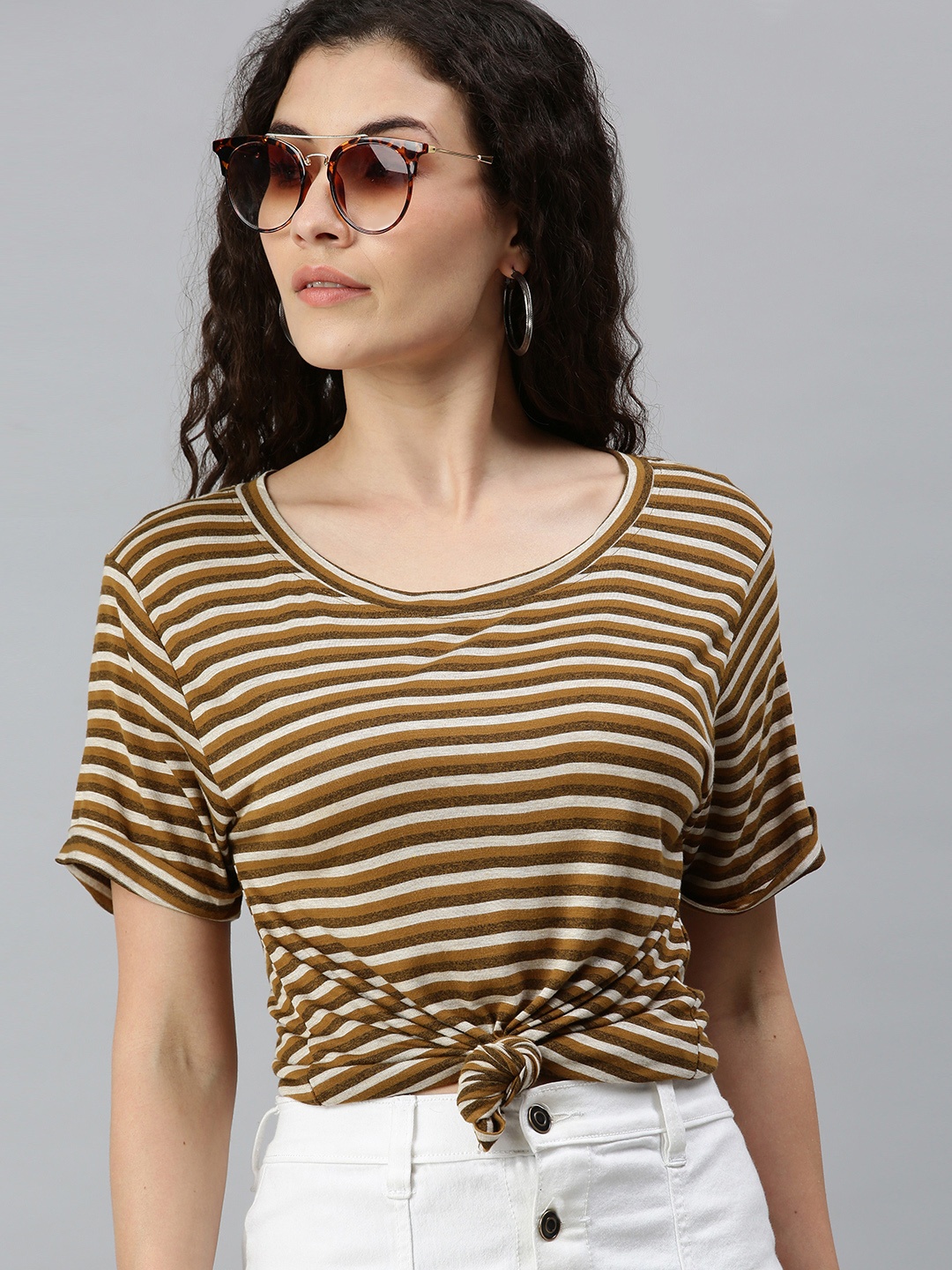 

Campus Sutra Beige and Brown Striped Pure Cotton Regular Top