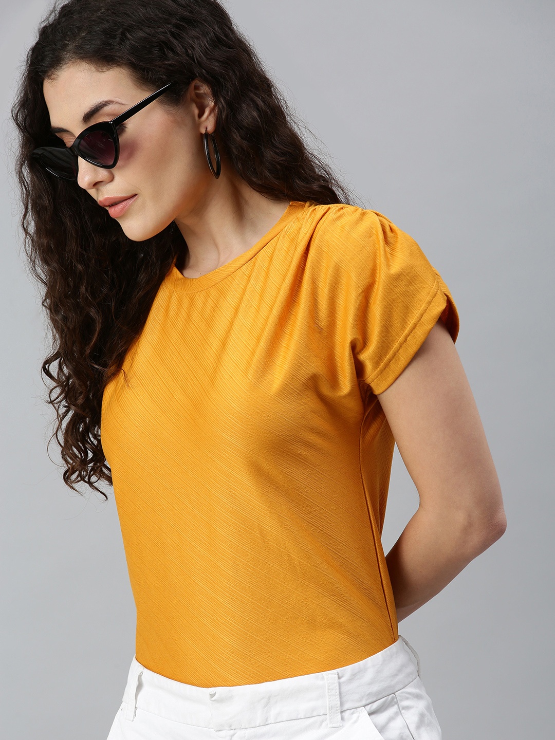 

Campus Sutra Mustard Yellow Pure Cotton Regular Top