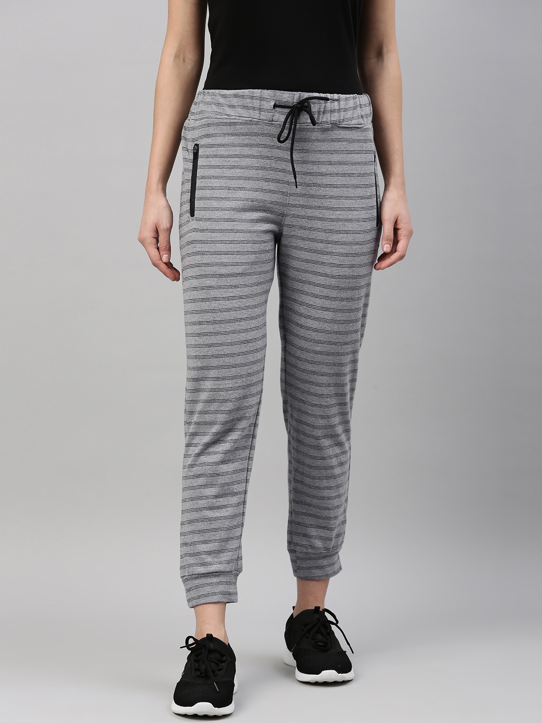 

Campus Sutra Women Grey & Black Striped Cotton Active Joggers