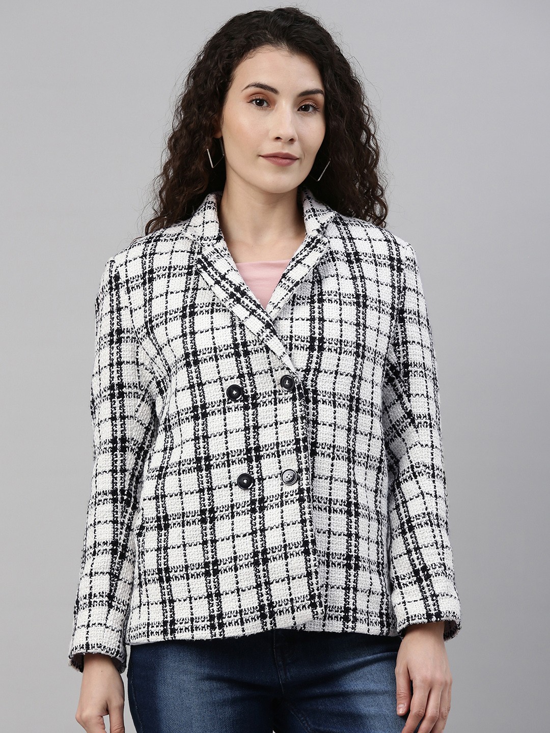 

Campus Sutra Women White & Black Comfort Fit Checked Double-Breasted Casual Blazer
