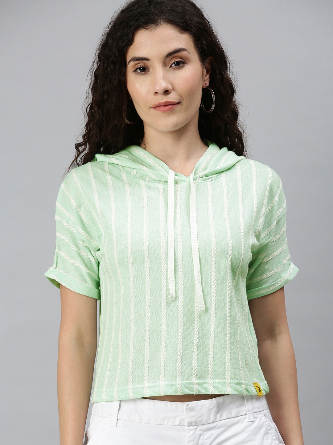 

Campus Sutra Sea Green and White Striped Pure Cotton Hooded Boxy Top