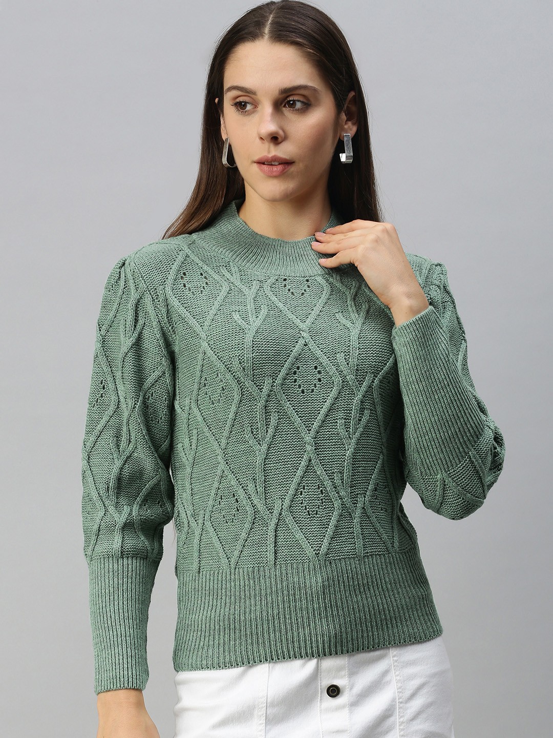 

Campus Sutra Women Green Cable Knit Pullover