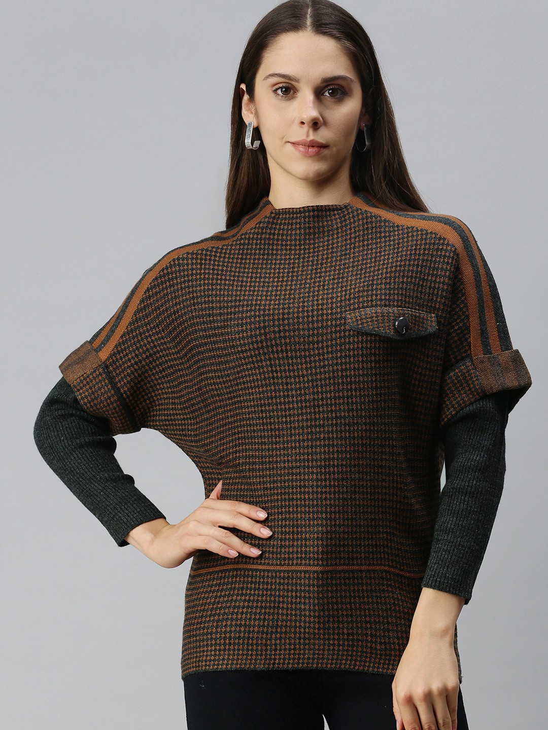 

Campus Sutra Women Brown & Charcoal Grey Self Design Pullover Sweater