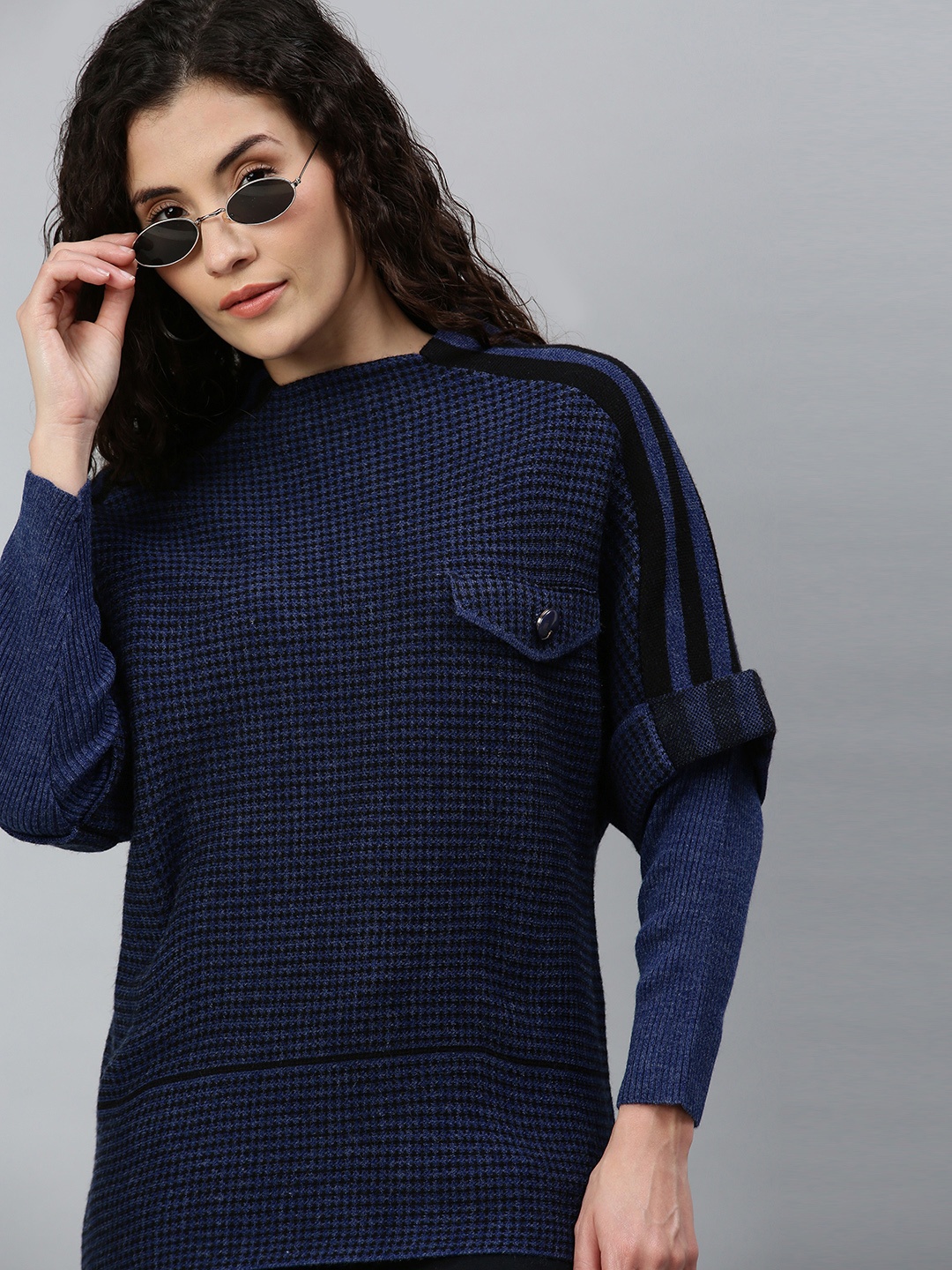 

Campus Sutra Women Navy Blue Self Design Pullover Sweater