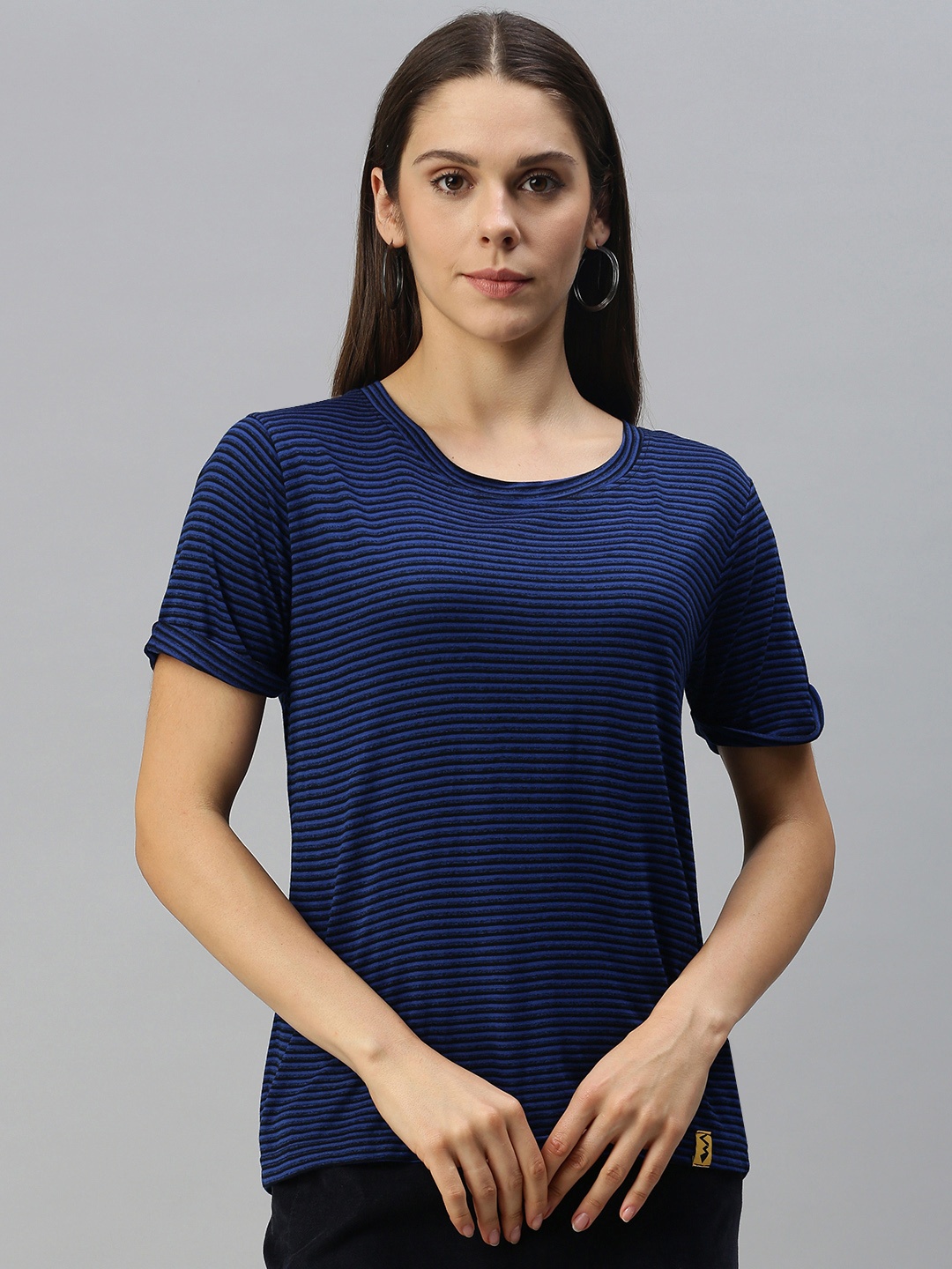 

Campus Sutra Navy Blue Striped Regular Top