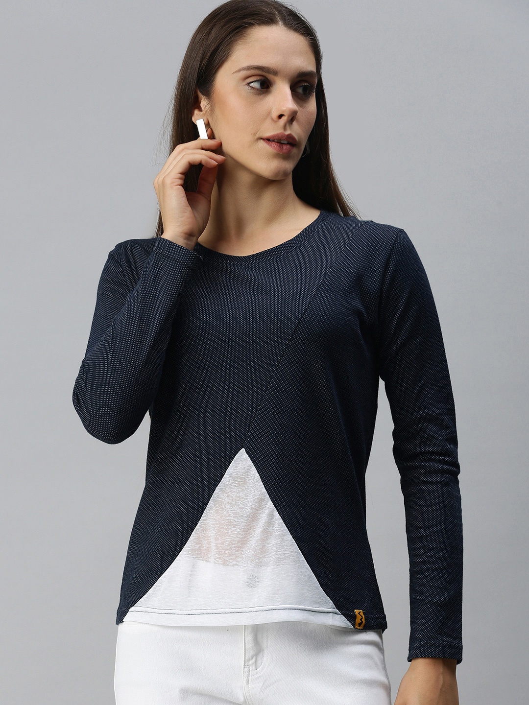 

Campus Sutra Navy Blue & White Colourblocked Pure Cotton Regular Top