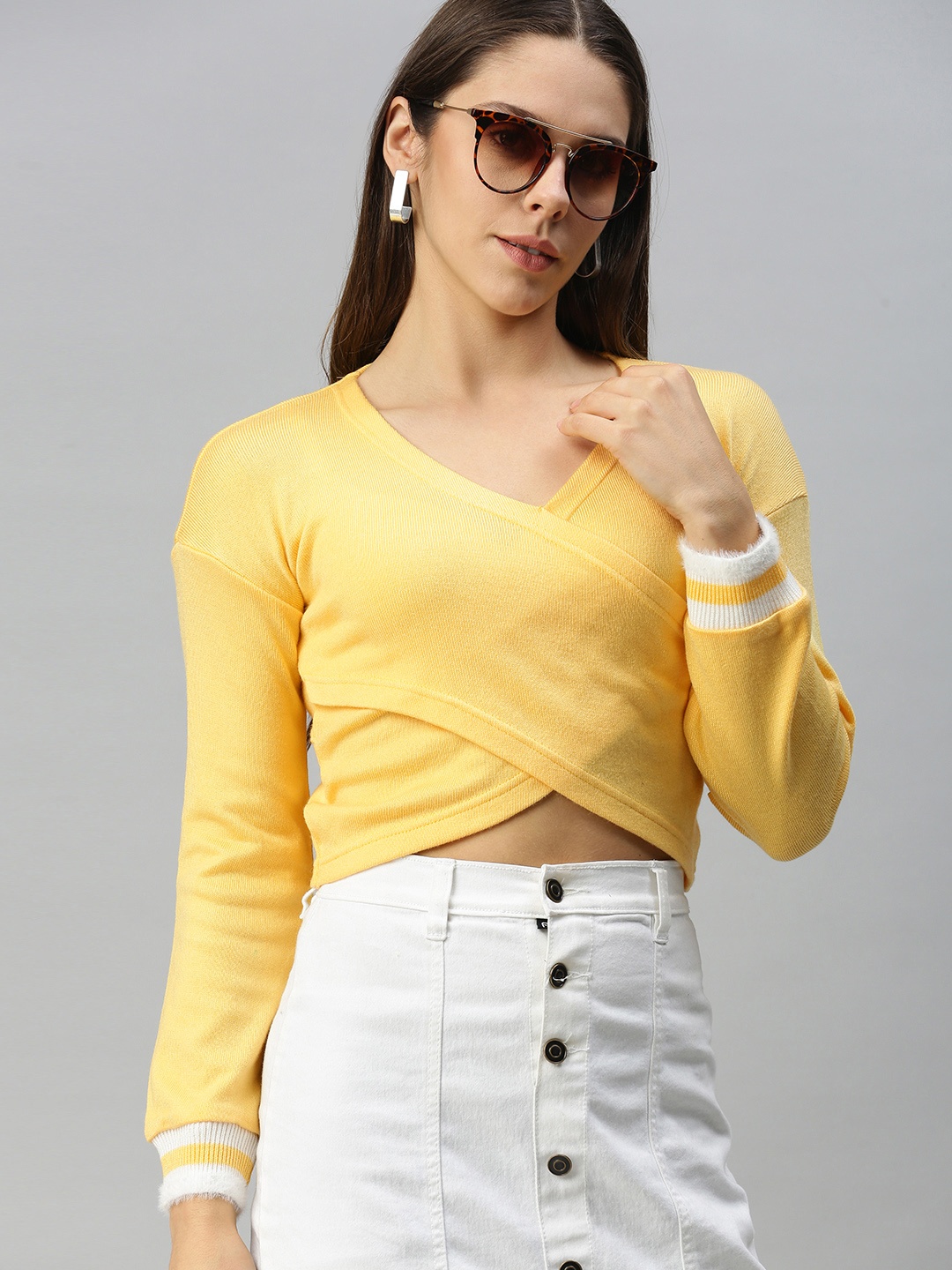 

Campus Sutra Yellow Solid Wrap Cropped Top