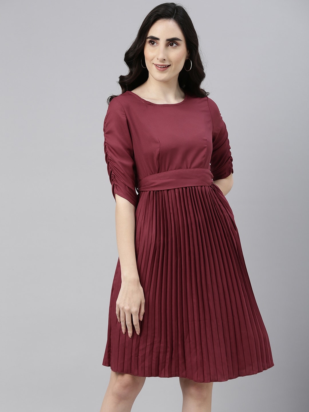 

Campus Sutra Maroon Accordion Pleated Fit & Flare Dress