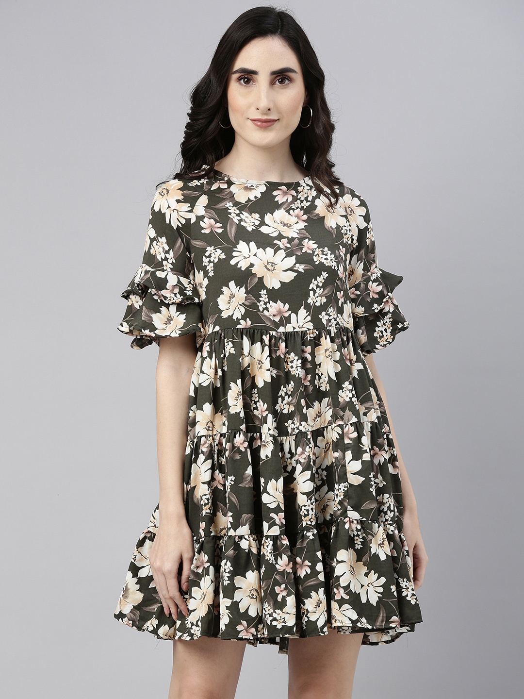 

Campus Sutra Green & Beige Floral Print Tiered Dress