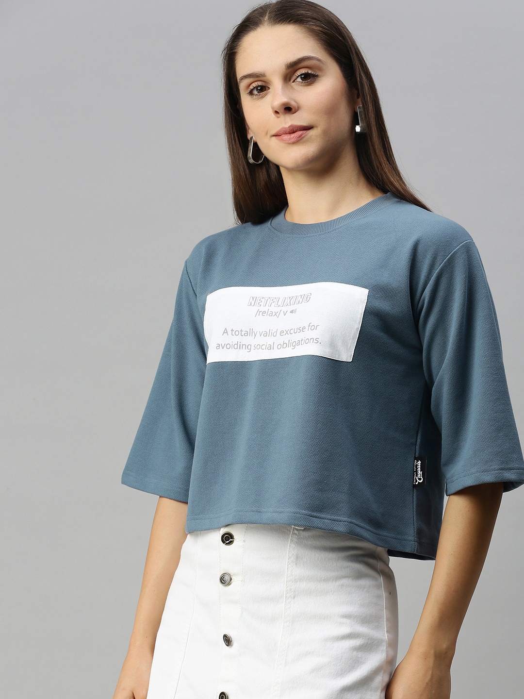 

Campus Sutra Blue & White Denim Printed Boxy Top