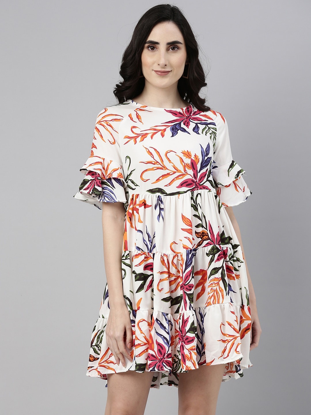 

Campus Sutra White & Pink Floral Printed Gathered Dress