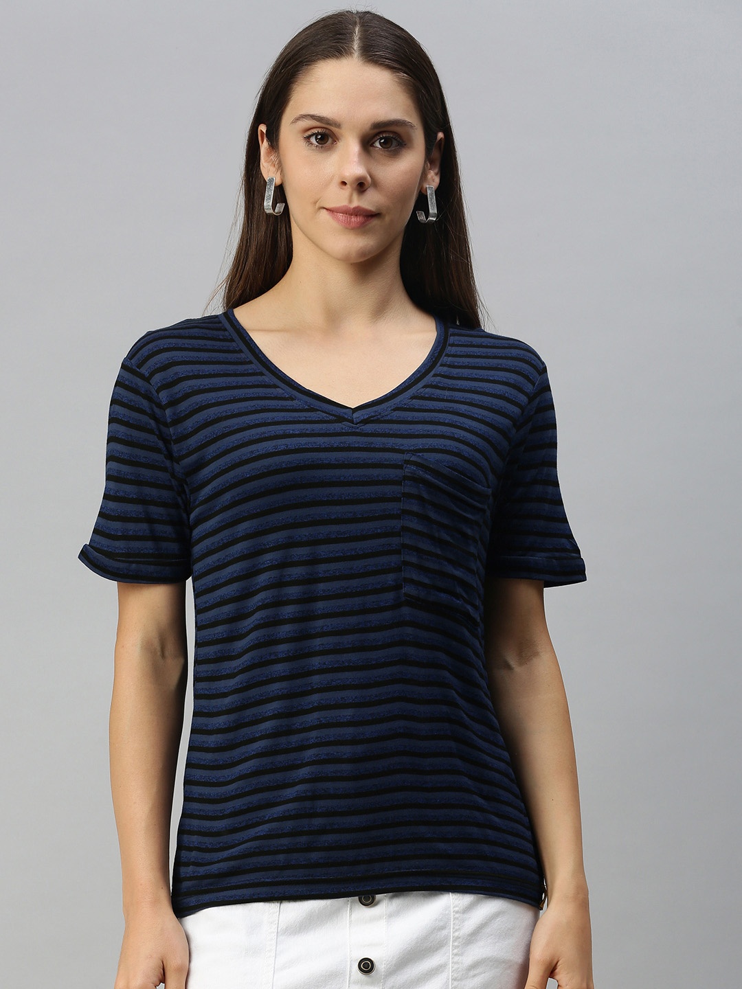 

Campus Sutra Navy Blue & Black Striped Regular Top