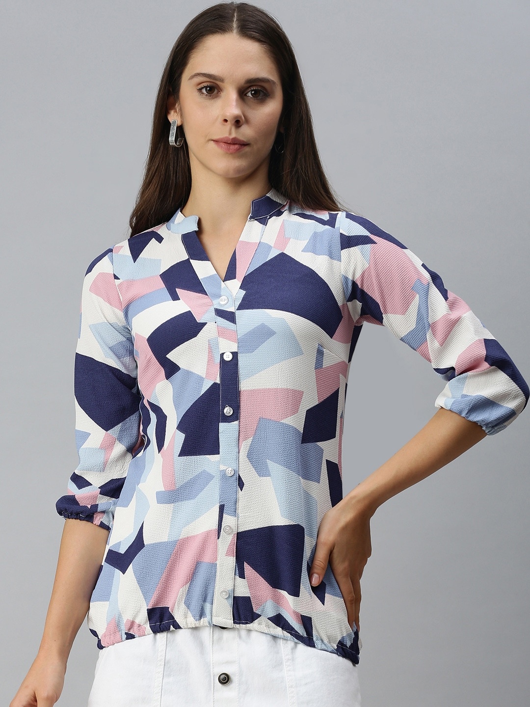 

Campus Sutra Multicoloured Mandarin Collar Shirt Style Top, Multi