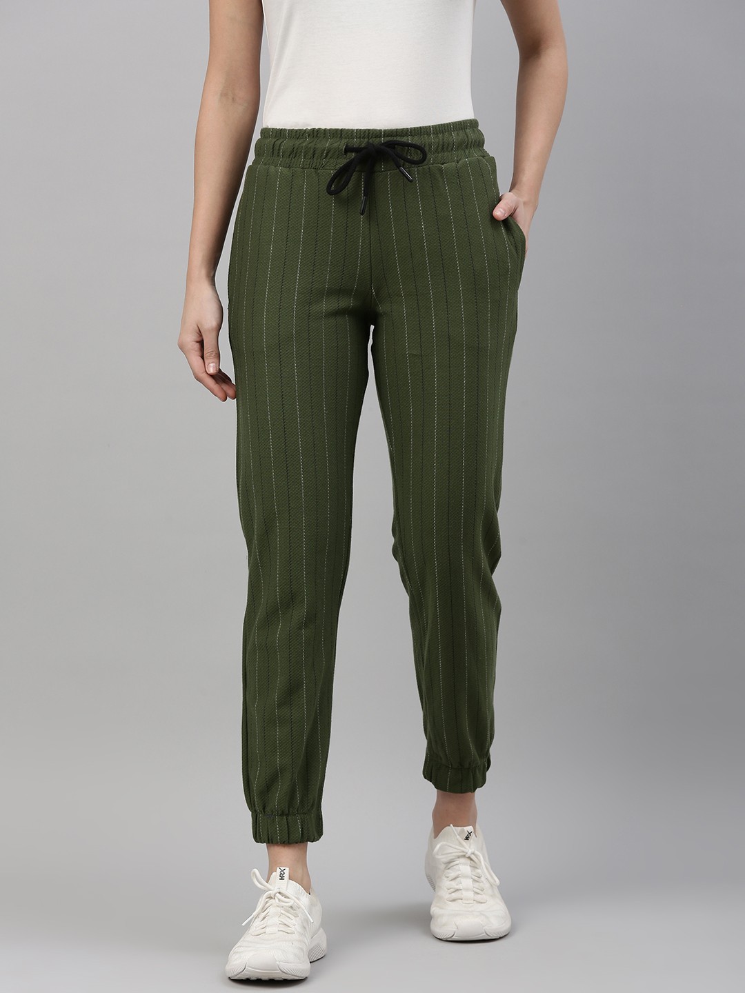 

Campus Sutra Women Green & White Striped Cotton Active Joggers