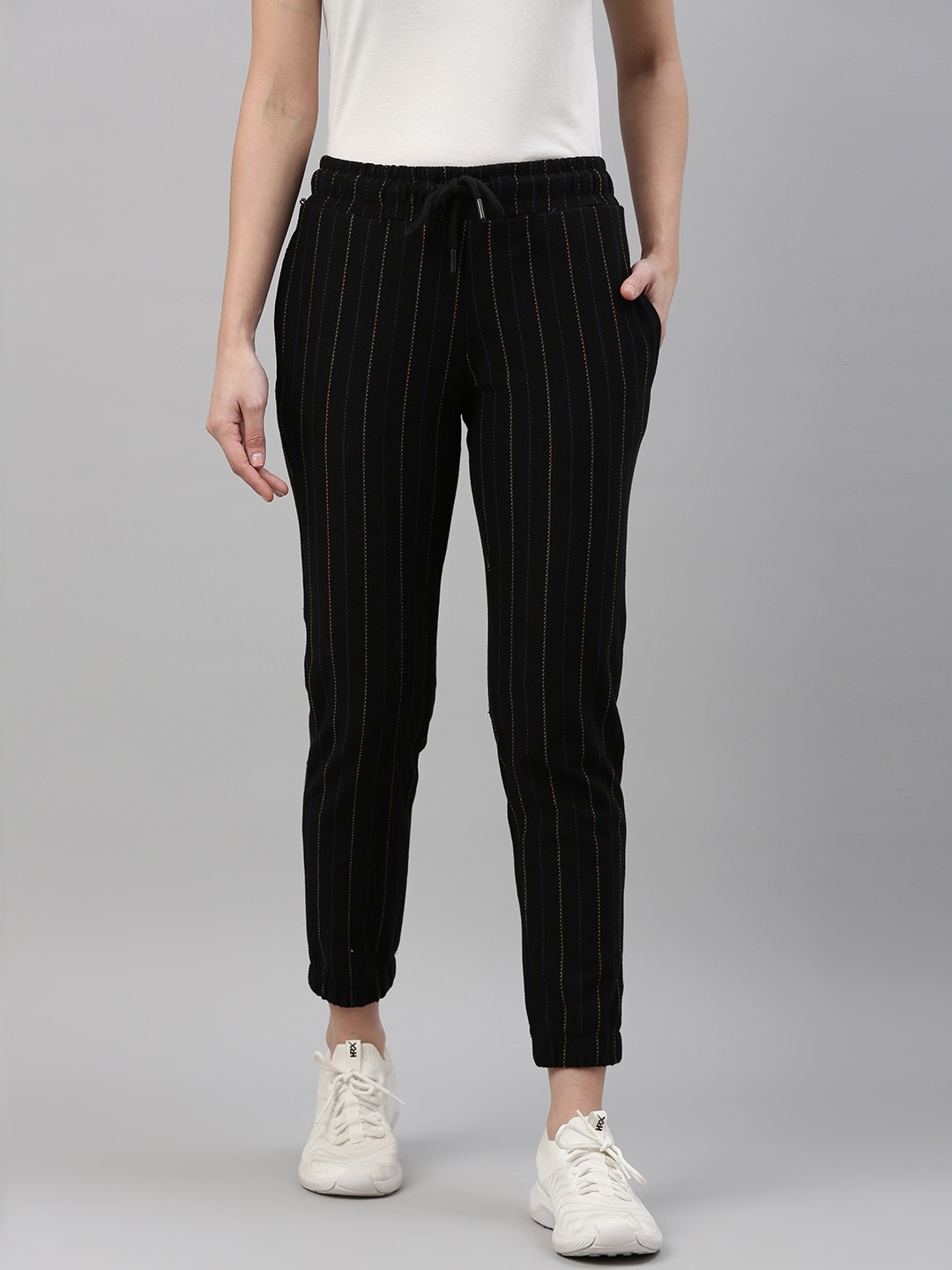 

Campus Sutra Women Black & Yellow Striped Cotton Active Joggers