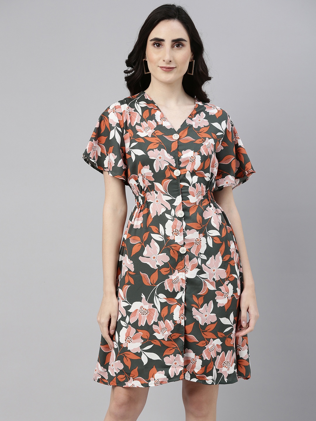 

Campus Sutra Olive Green & Pink Floral Printed Gathered Dress