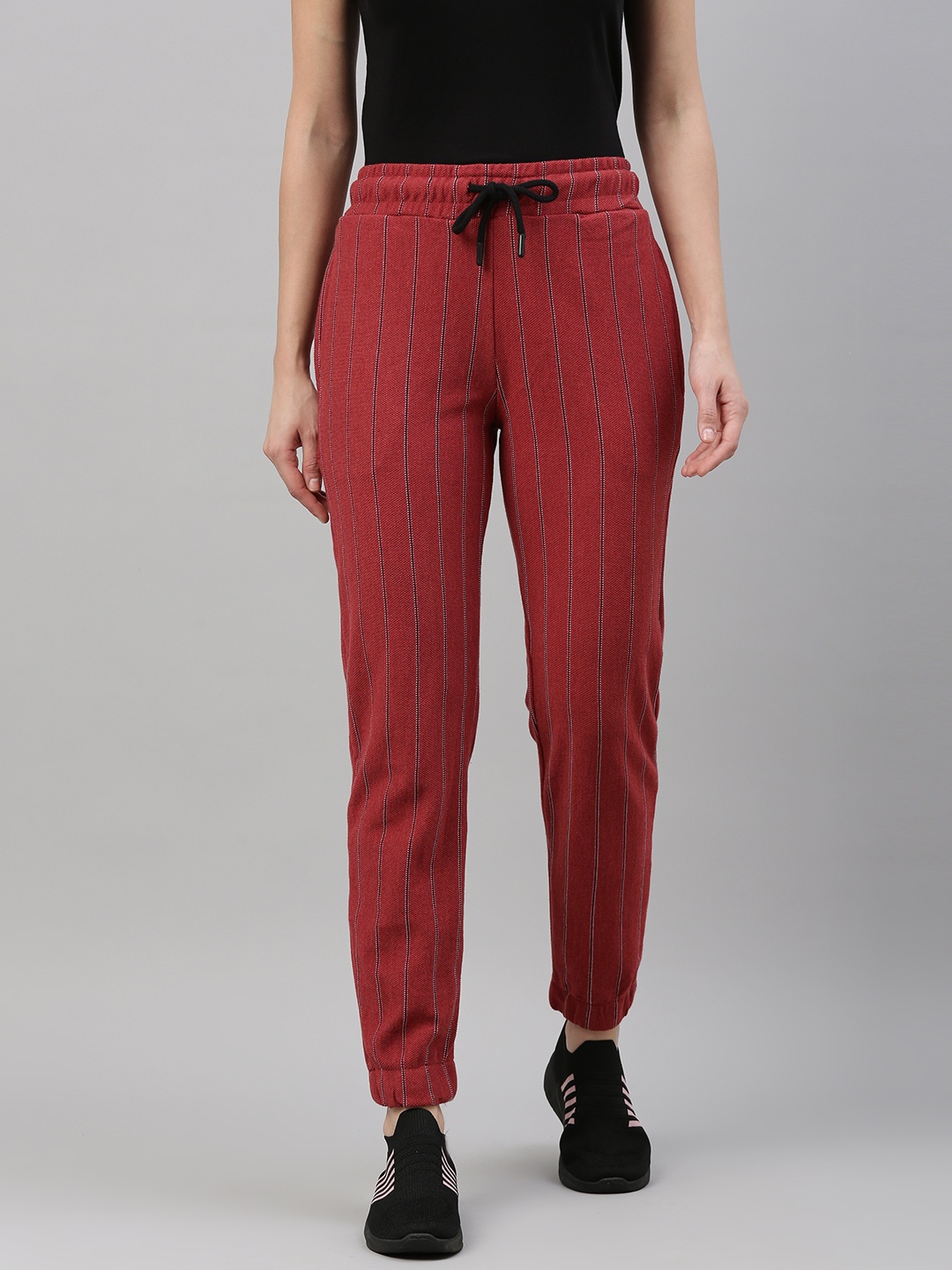 

Campus Sutra Women Red & Black Striped Cotton Active Joggers