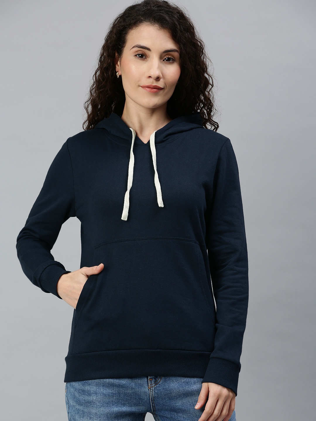 

Campus Sutra Women Navy Blue Solid Hooded Sweatshirt