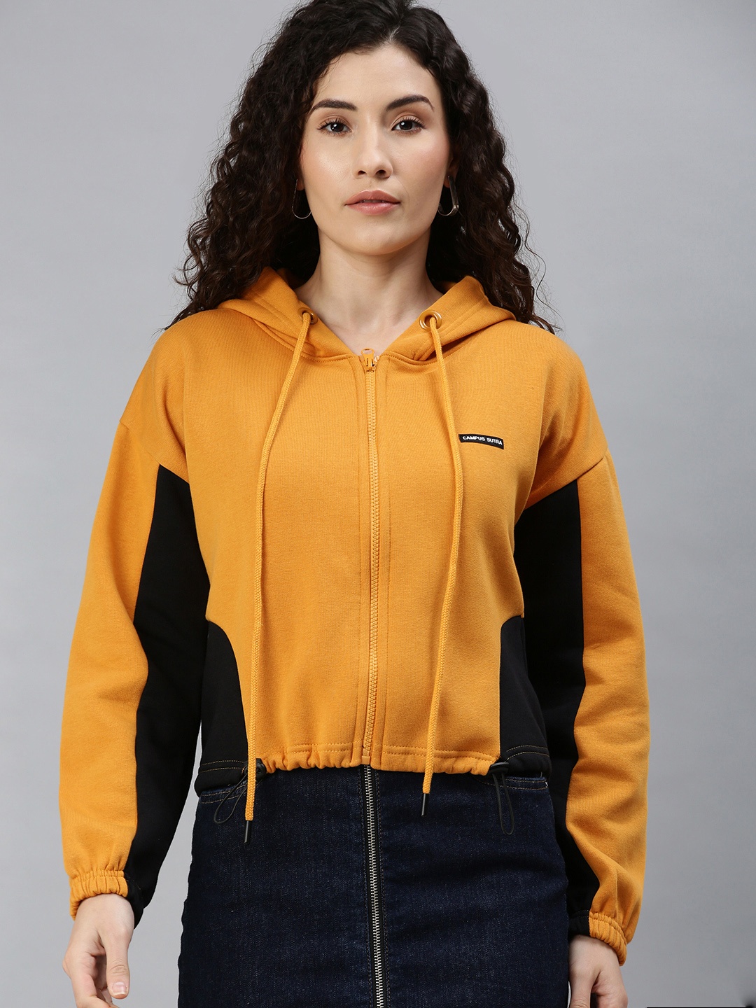 

Campus Sutra Women Mustard Yellow & Black Colourblocked Hooded Sweatshirt