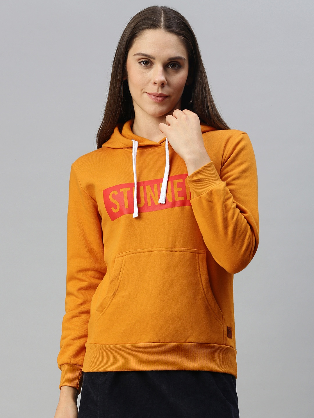 

Campus Sutra Women Mustard Yellow & Red Printed Hooded Sweatshirt