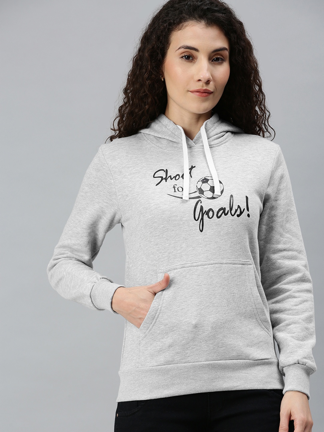 

Campus Sutra Women Grey Melange Printed Pure Cotton Hooded Sweatshirt