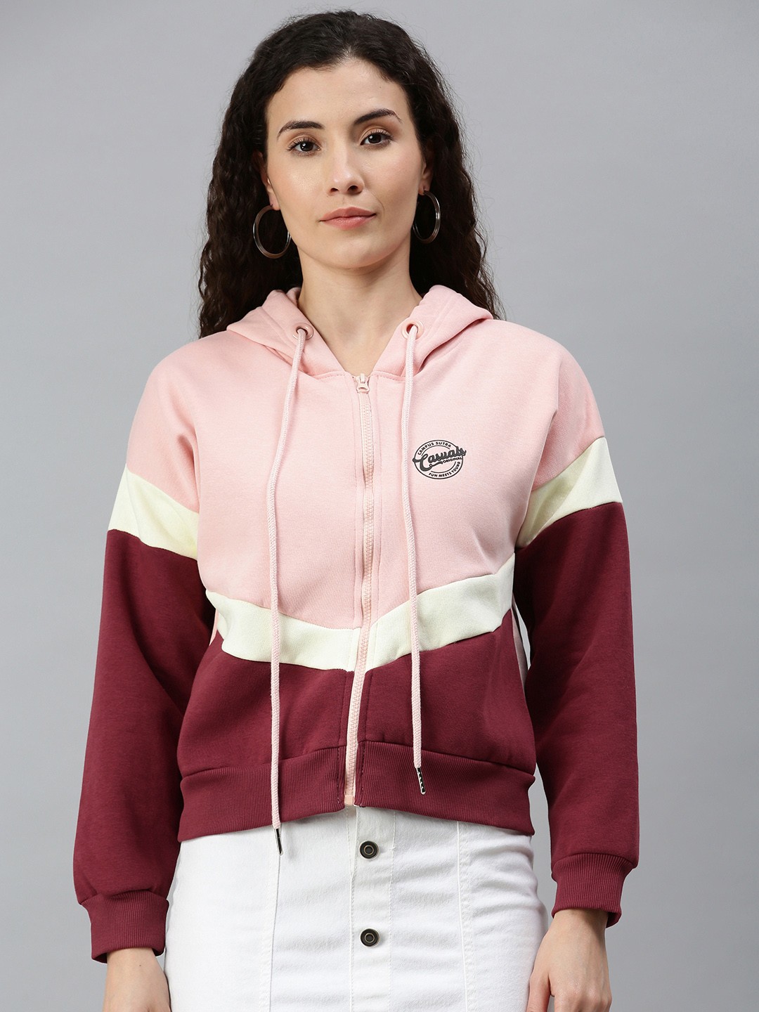 

Campus Sutra Women Pink & Maroon Colourblocked Hooded Front-Open Sweatshirt