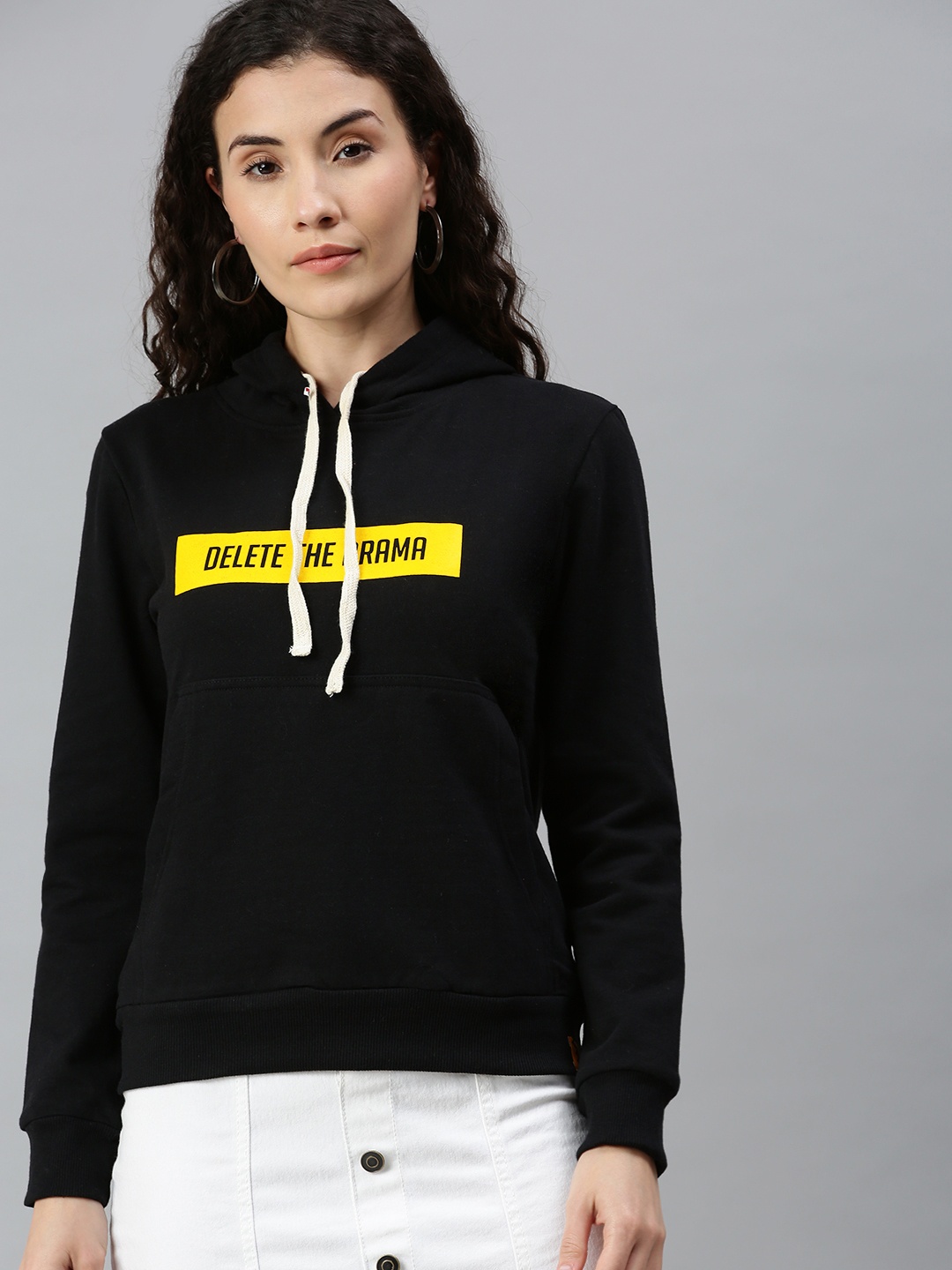 

Campus Sutra Women Black Printed Hooded Sweatshirt