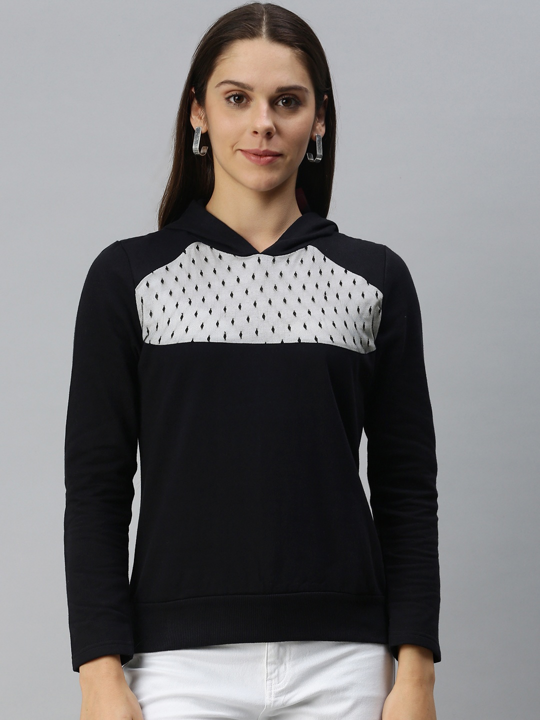 

Campus Sutra Women Black & White Colourblocked Hooded Sweatshirt