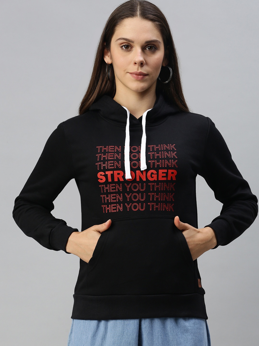 

Campus Sutra Women Black Printed Hooded Pullover Sweatshirt