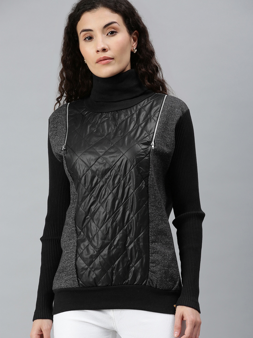 

Campus Sutra Women Charcoal Grey & Black Colourblocked Turtle Neck Sweatshirt