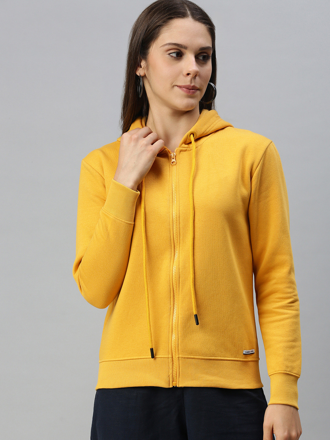 

Campus Sutra Women Mustard Yellow Hooded Front-Open Sweatshirt