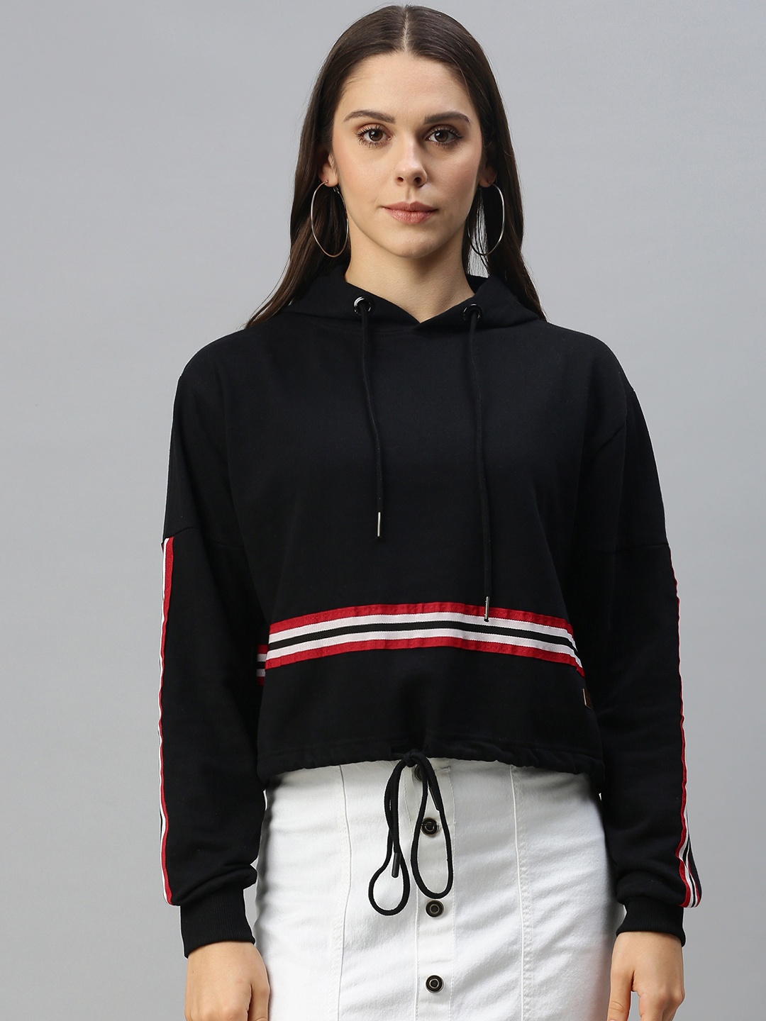 

Campus Sutra Women Black & Red Striped Hooded Hem Tie-Up Detail Pullover Sweatshirt