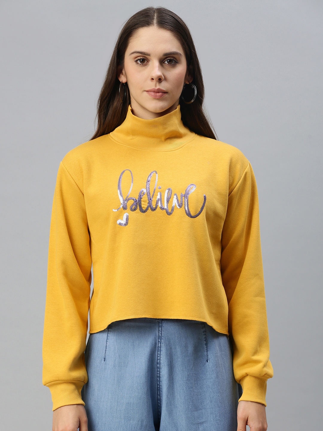 

Campus Sutra Women Yellow Embellished Cropped Sweatshirt