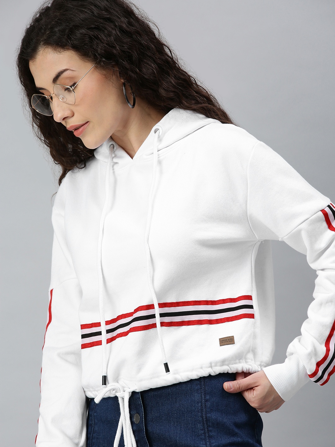 

Campus Sutra Women White Striped Hooded Pure Cotton Sweatshirt