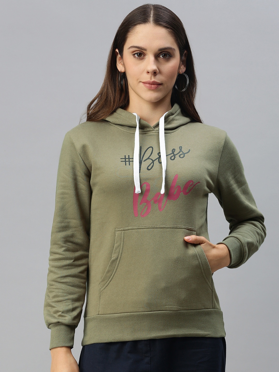 

Campus Sutra Women Olive Green Printed Hooded Pullover Sweatshirt