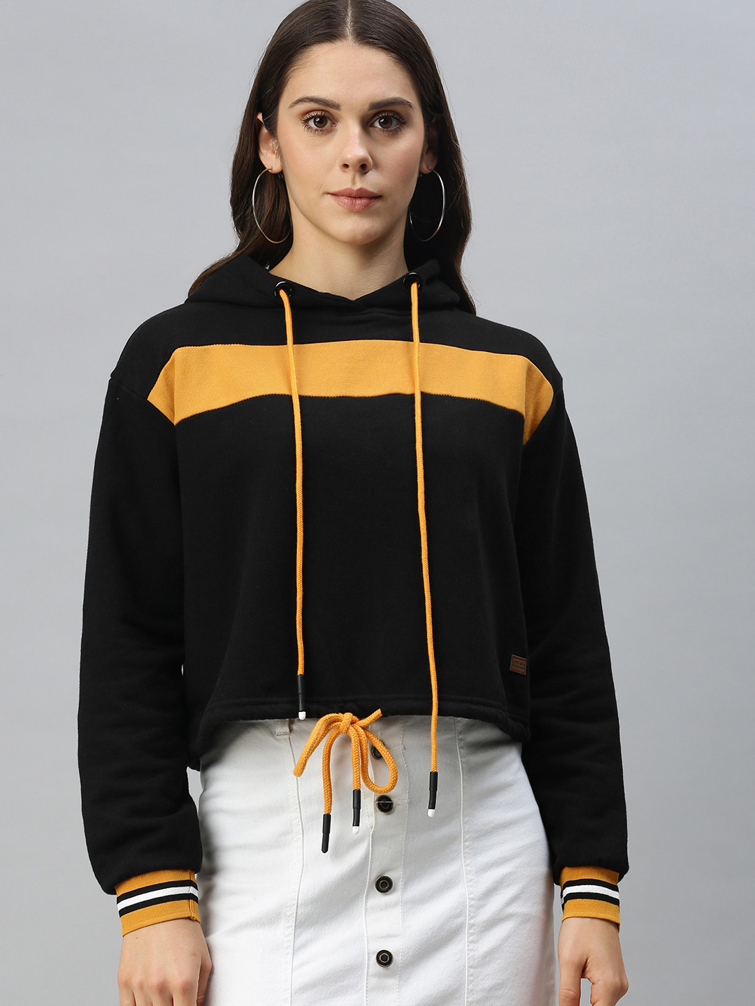 

Campus Sutra Women Black & Mustard Yellow Colourblocked Hooded Pullover Sweatshirt