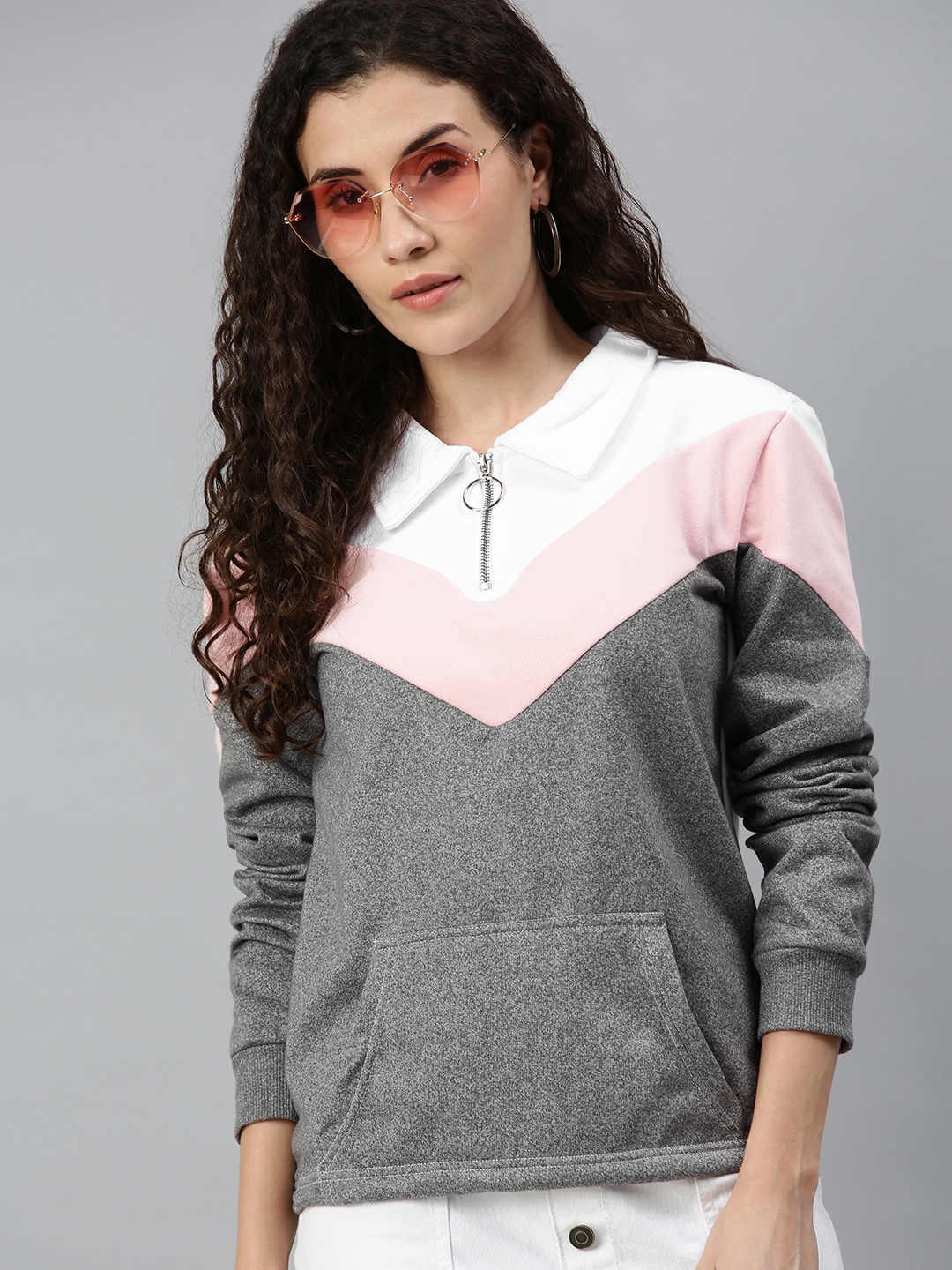 

Campus Sutra Women Grey and Pink Colourblocked Pure Cotton Sweatshirt
