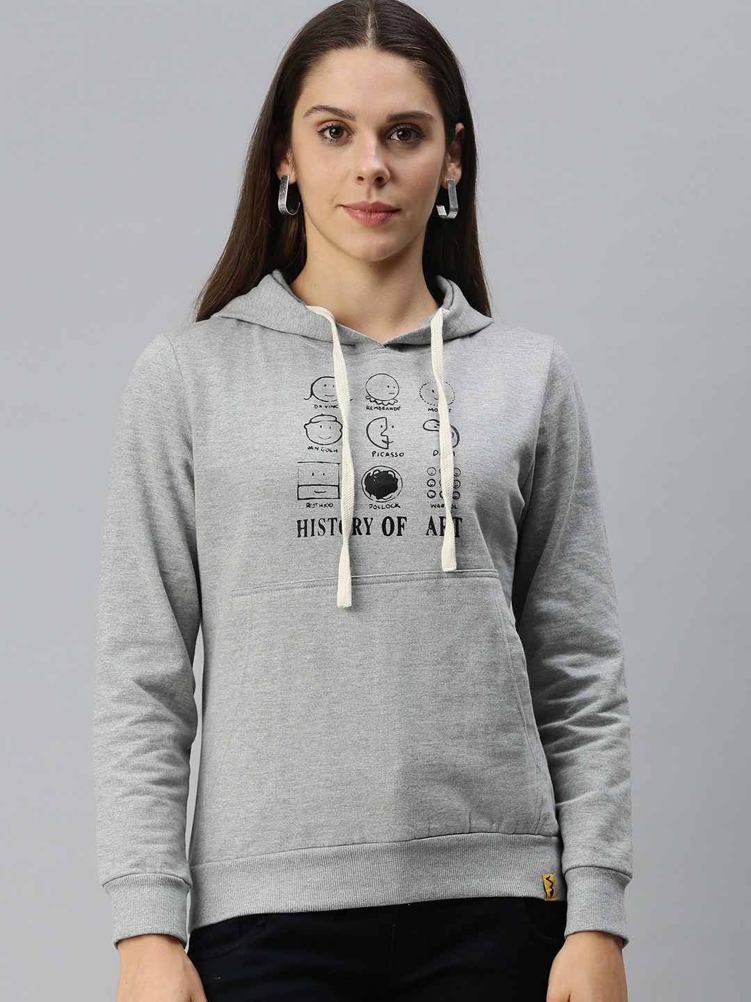 

Campus Sutra Women Grey Melange Printed Hooded Sweatshirt