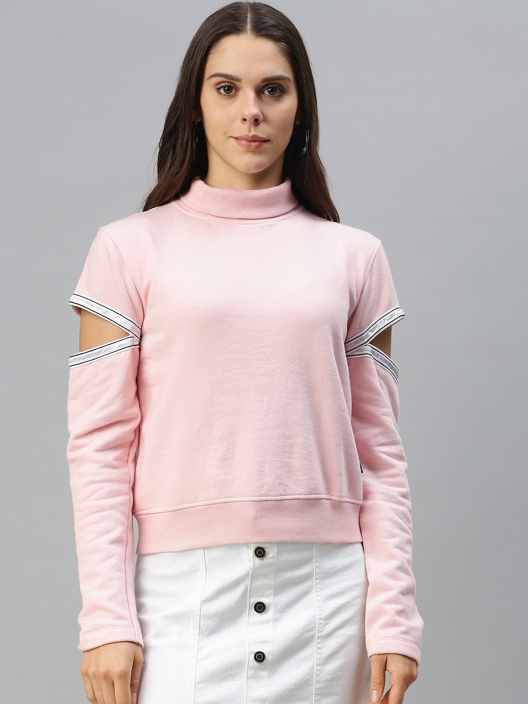 

Campus Sutra Women Pink Solid Sweatshirt with Cut Out Detail