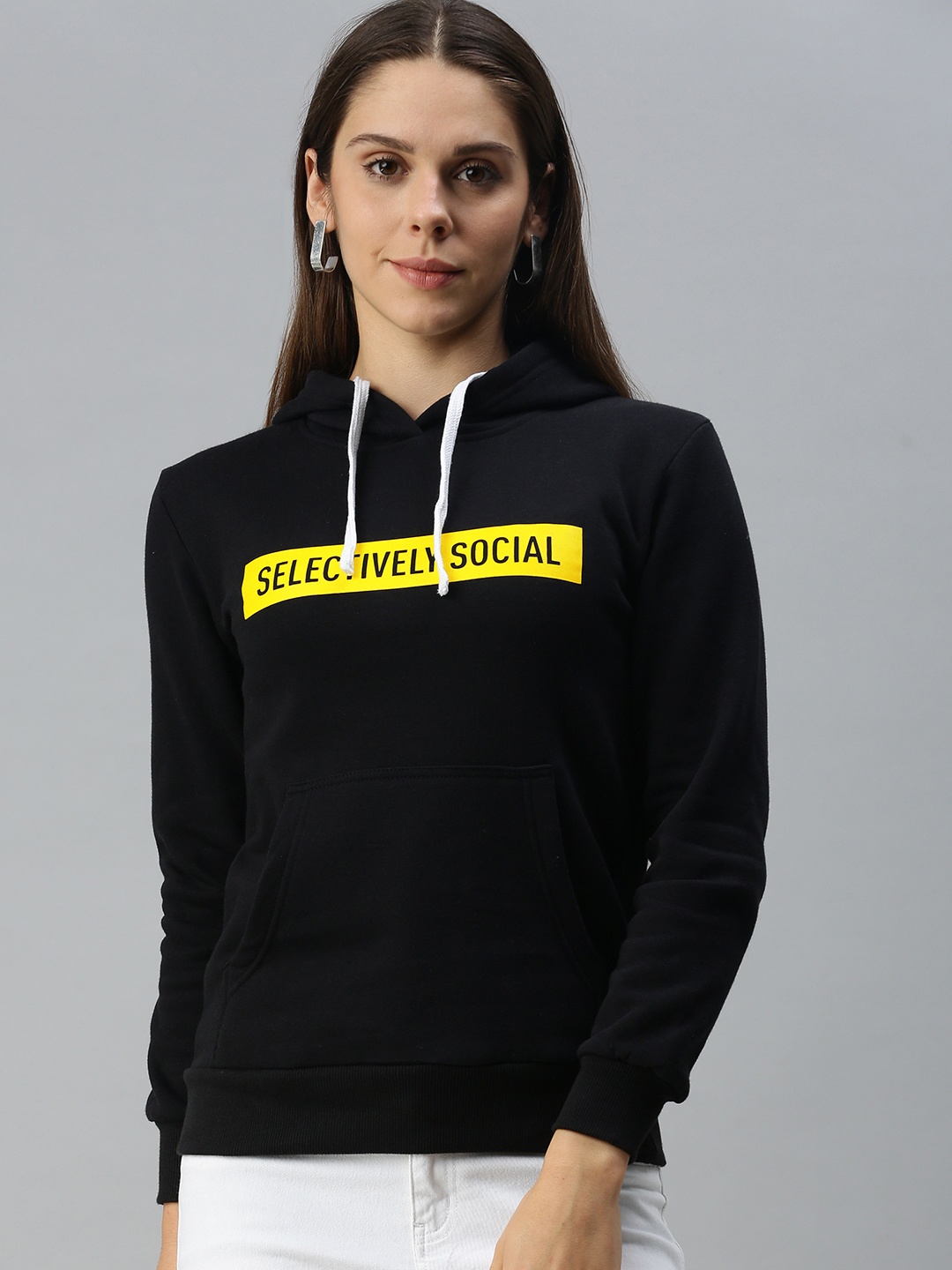 

Campus Sutra Women Black & Yellow Printed Hooded Sweatshirt