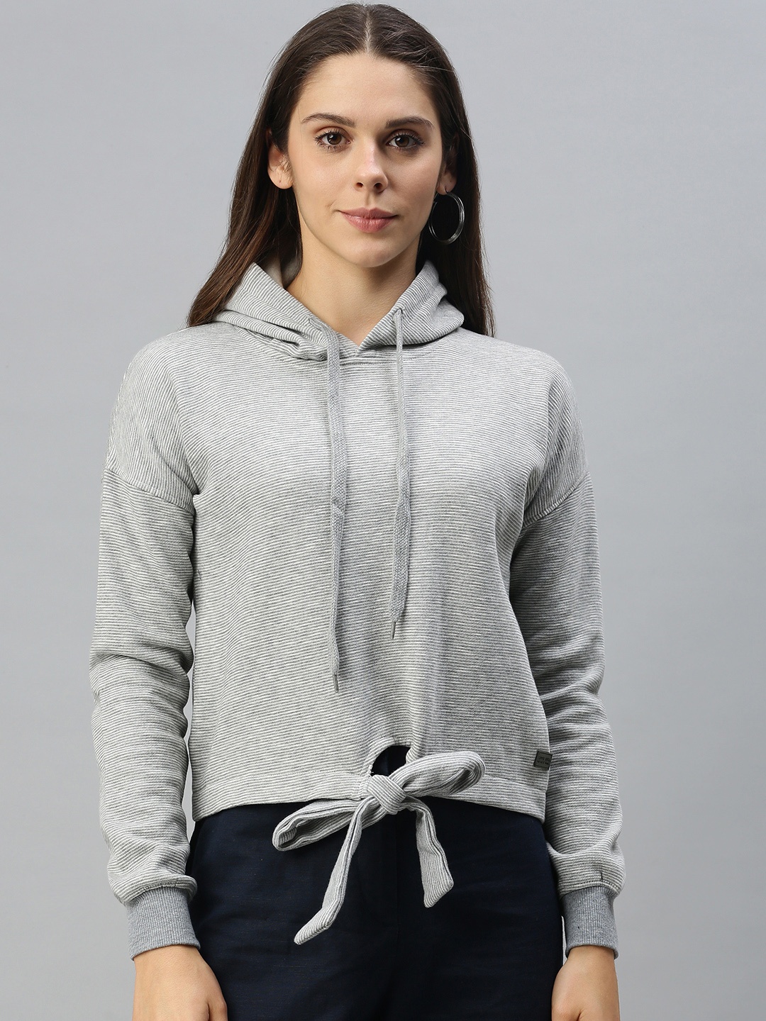 

Campus Sutra Women Grey Melange Striped Hooded Sweatshirt with Tie-Up Hem
