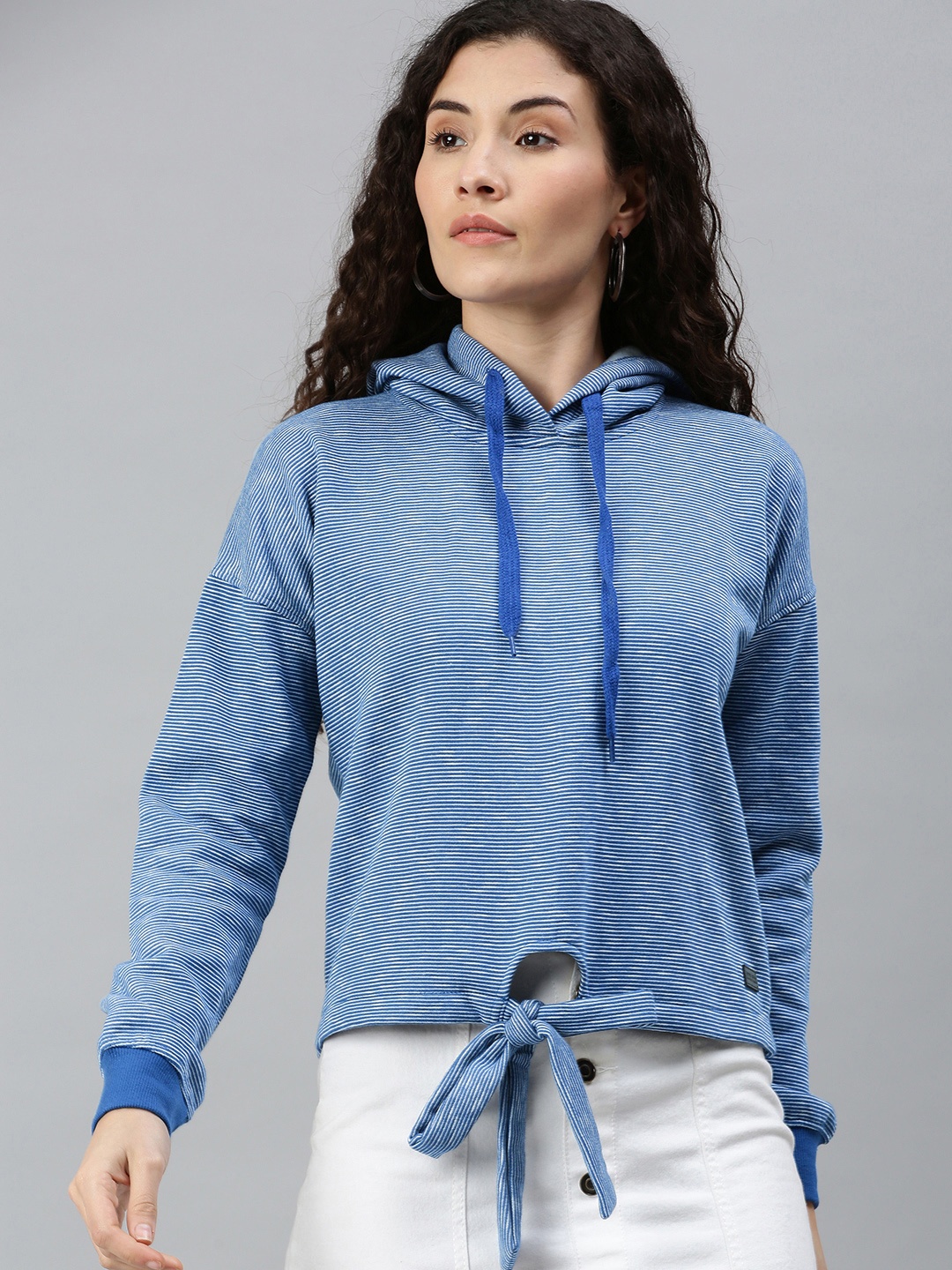 

Campus Sutra Women Blue & White Striped Tie-Ups Hem Hooded Pullover Sweatshirt