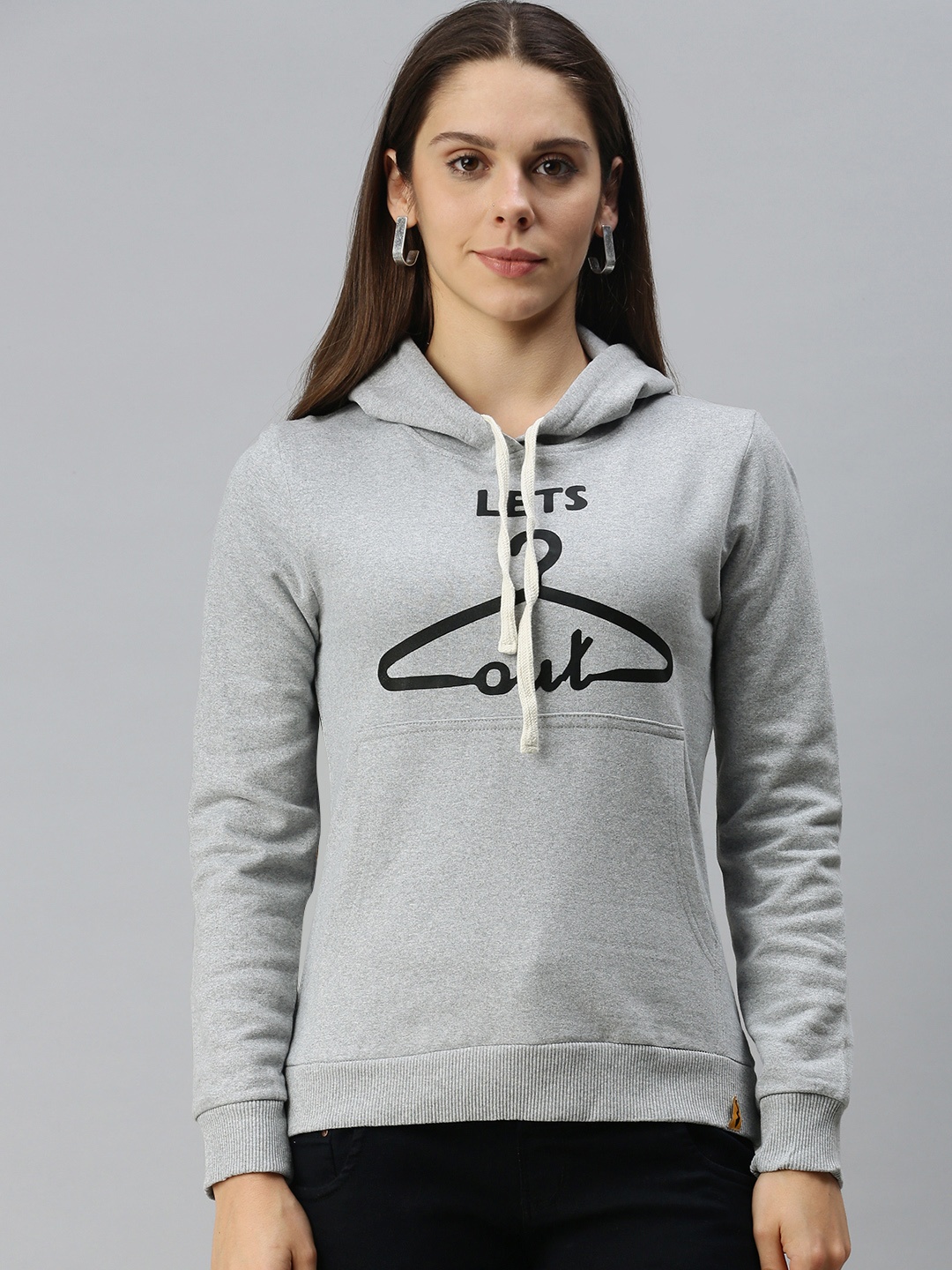 

Campus Sutra Women Grey Melange & Black Printed Hooded Sweatshirt