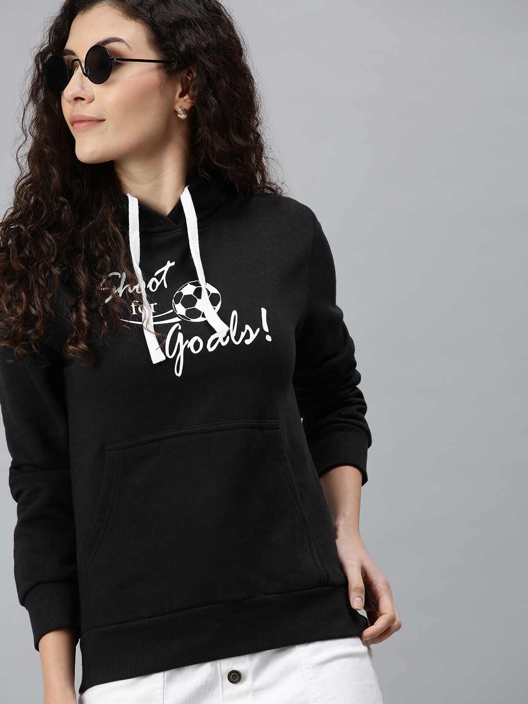 

Campus Sutra Women Black Printed Hooded Sweatshirt