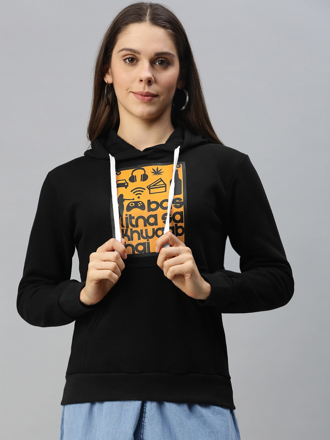 

Campus Sutra Women Black & Orange Printed Hooded Pullover Sweatshirt