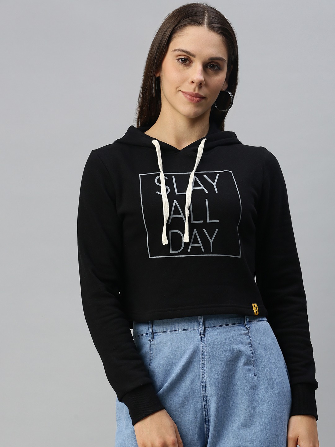 

Campus Sutra Women Black Printed Hooded Cropped Sweatshirt