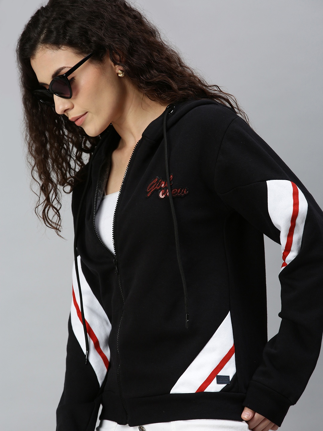 

Campus Sutra Women Black & White Colourblocked Hooded Sweatshirt