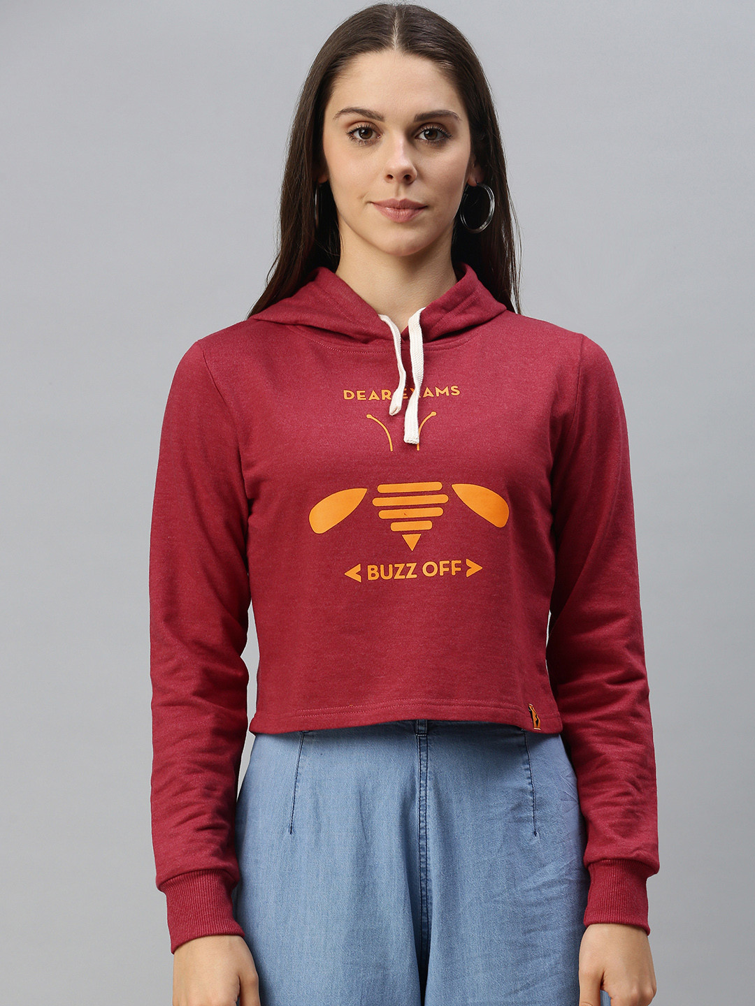 

Campus Sutra Women Maroon & Orange Printed Hooded Crop Sweatshirt